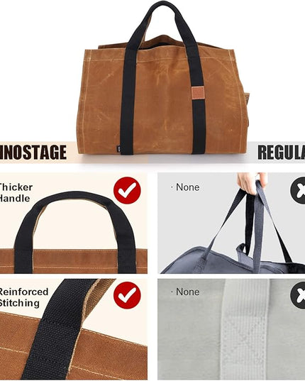 INNO STAGE Firewood Log Carrier Tote Bag with Super Strong Double Straps for Reinforce, 16oz Waxed Canvas Heavy Duty & Long Lasting for Wood Hay Hauling for Fireplace or Outdoor Camping-Rust Color