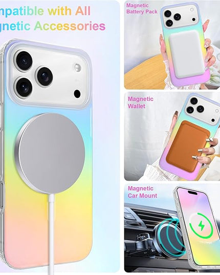 Cute Case for iPhone 17 Pro Case for Women Girls [Compatible with Magsafe] Aesthetic Girly Glitter Bling Rainbow Magnetic Protective Phone Cover, Translucent Iridescent Blue & Pink