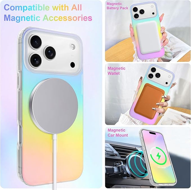 Cute Case for iPhone 17 Pro Case for Women Girls [Compatible with Magsafe] Aesthetic Girly Glitter Bling Rainbow Magnetic Protective Phone Cover, Translucent Iridescent Blue & Pink