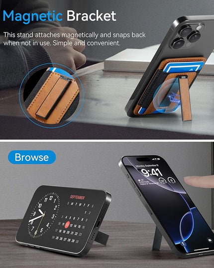 BIAJIYA Phone Wallet Sticky Back with Stand - Holds 6 Cards for iPhone & Samsung, Ultra Thin Leather & Stretch Fabric Card Holder (LiBrown)