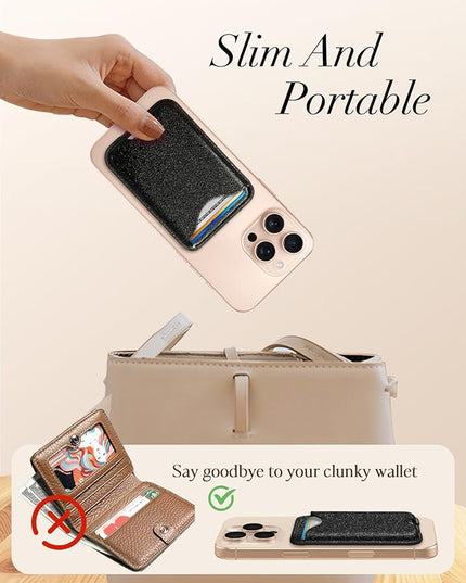 Shorogyt Compatible with Magsafe Wallet Magnetic Card Holder - Glitter Black Phone Wallets for Women Teen Girls Fashion for iPhone 17/16/15/14/13/12 Series Slim for Apple Mag RFID Magnet, Fit 3 Cards