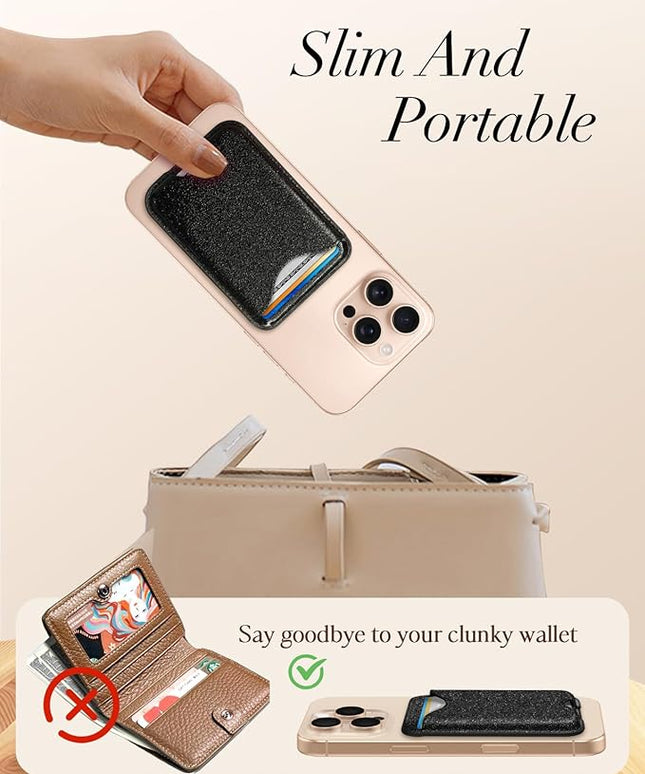 Shorogyt Compatible with Magsafe Wallet Magnetic Card Holder - Glitter Black Phone Wallets for Women Teen Girls Fashion for iPhone 17/16/15/14/13/12 Series Slim for Apple Mag RFID Magnet, Fit 3 Cards
