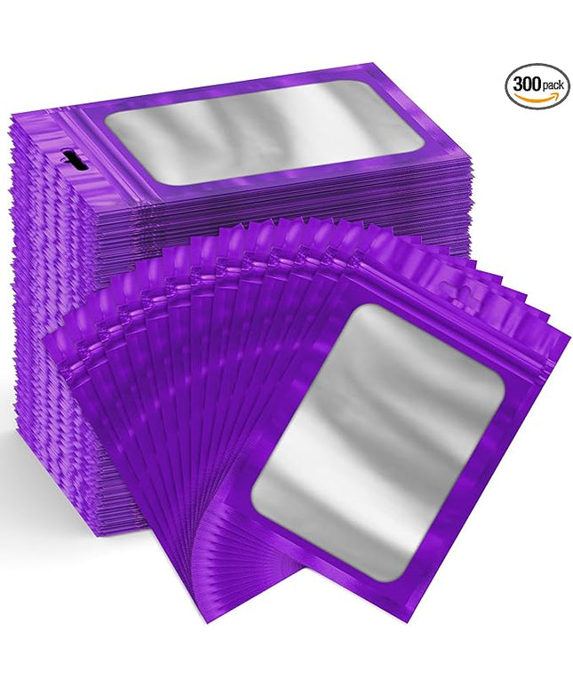 Funfery 300 Pack Smell Proof Resealable Bags for Food Storage,Mylar Clear Bags 4x6 Purple Packaging Bag- Edibles,Odorless Scent Proof Bag for Cookies, Zip Foil Pouch for Small Business