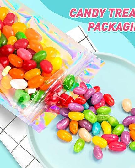 Funfery 300 Pack Smell Proof Resealable Bags for Food Storage,Holographic Bags 4x6 Mylar Clear Packaging Bag- Scent Proof for Cookies, Zip Foil Pouch for Small Business
