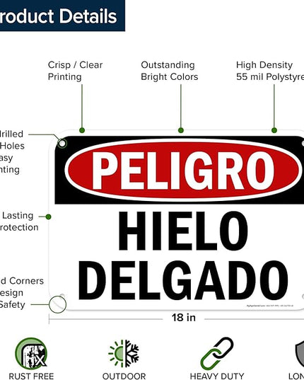 Danger Thin Ice Spanish Sign, 12x18 Inches, 55 mil thick HDPS (high density polystyrene), Made in USA by My Sign Center