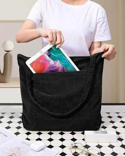 Iioscre Corduroy Tote Bag for Women,Hobo HandBags with Zipper,Large Capacity Casual Shoulder Handbags with Inner Pockets