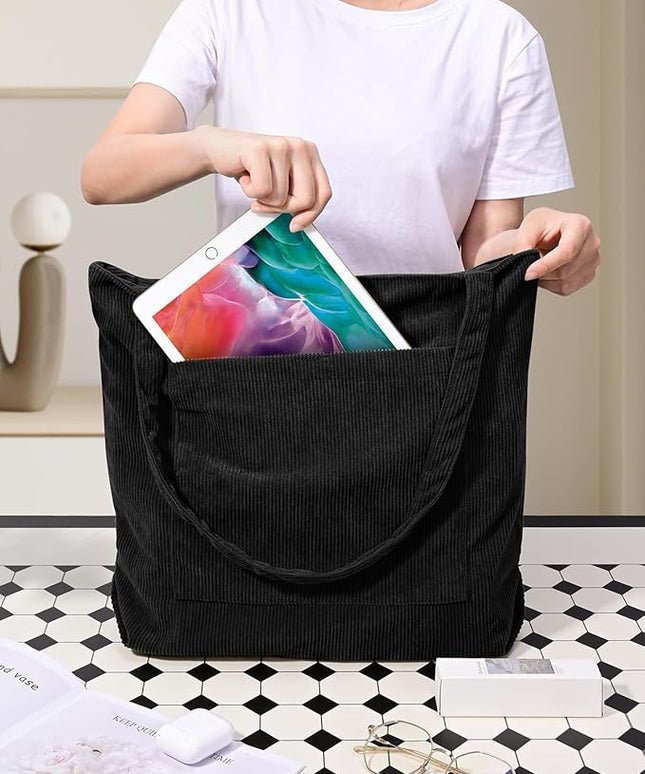 Iioscre Corduroy Tote Bag for Women,Hobo HandBags with Zipper,Large Capacity Casual Shoulder Handbags with Inner Pockets