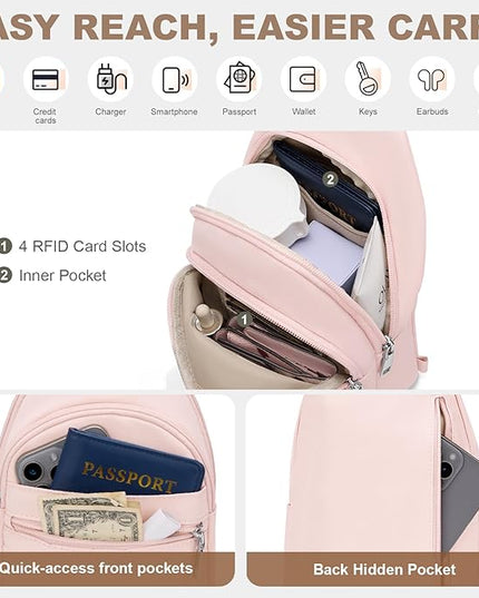 Sling Bag for Women, Anti-Theft RFID Crossbody Bag Nylon Sling Purse for Travel, Puffy Small backpack for Daily Hiking Sports Pink