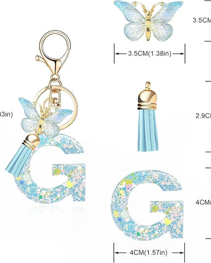 Fashion Alphabet Initial Letter Keychain Tassel Butterfly Pendant Key Ring for Purse Handbags Women Girl