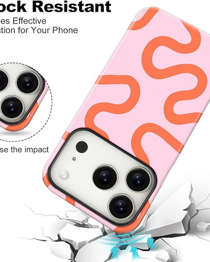 Magnetic for iPhone 17 Pro Max Case Cute Curved Stripes Phone Case, Shockproof Slim TPU and Hard PC Protective Phone Cover Compatible with MagSafe Designed for Women Girls,Pink
