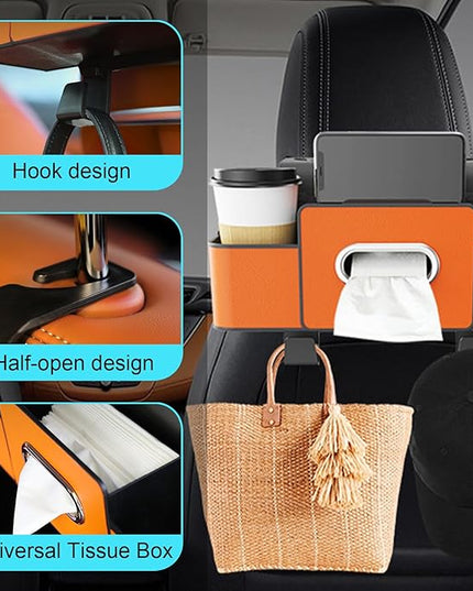 Car Back Seat Organizer with Cup Holder, Car Seat Back Tissue Box and Storage Hook, Multifunctional Car Organizer for Hold Phone,Snacks, Drinks, Handbag, Compatible with Most Vehicles (Brown)