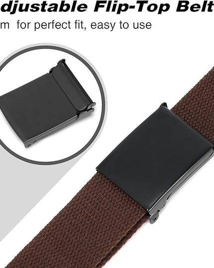 WHIPPY Canvas Web Belt Flip-Top Solid Black Military Buckle Fully Adjustable Mens Webbing Belts Cut To Fit