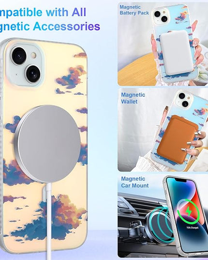Cute Case for iPhone 14 Plus & iPhone 15 Plus Case for Women Girls [ Compatible with Magsafe ] Aesthetic Girly Glitter Sparkly Bling Protective Phone Cover, Iridescent Sun Set Clouds of Sky