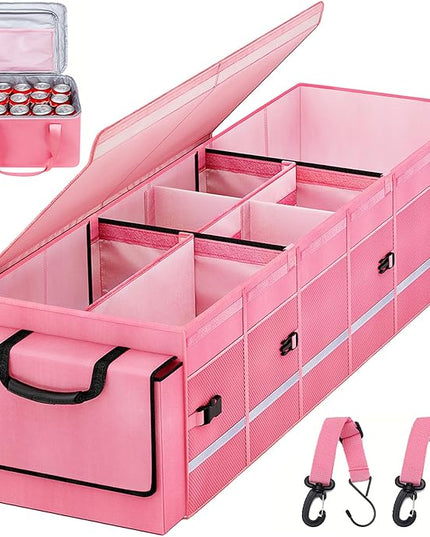 Car Trunk Organizer and Storage with Lid & Removable Leakproof Cooler Bag, Customized Space Pink Car Interior Accessories for Women Collapsible Large Trunk Organizers for Sendan SUV, Jeep, MPV, BMW
