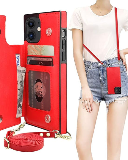 Bocasal Crossbody Wallet Case for iPhone 12/12 Pro with Card Holder,Zipper Card Slot Protector Shockproof Purse Cover with Removable Cross Body Strap 6.1 Inch(Red)