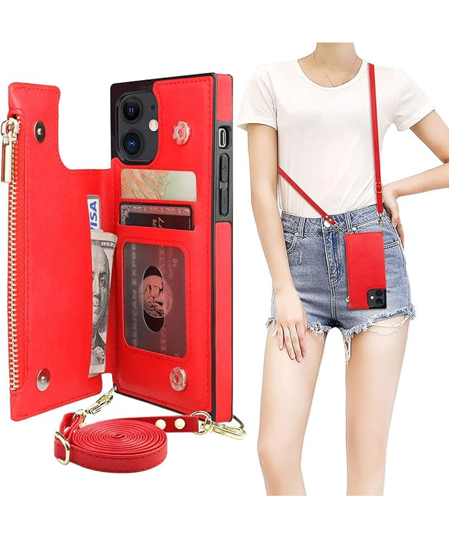 Bocasal Crossbody Wallet Case for iPhone 12/12 Pro with Card Holder,Zipper Card Slot Protector Shockproof Purse Cover with Removable Cross Body Strap 6.1 Inch(Red)