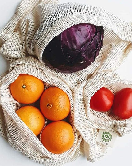 Reusable Mesh Produce Bags made from 100% Organic Cotton - 12"x10", Perfect Reusable Net Vegetable Bags - Washable Fruit, Vegetable & Produce Sacks (3 Medium)