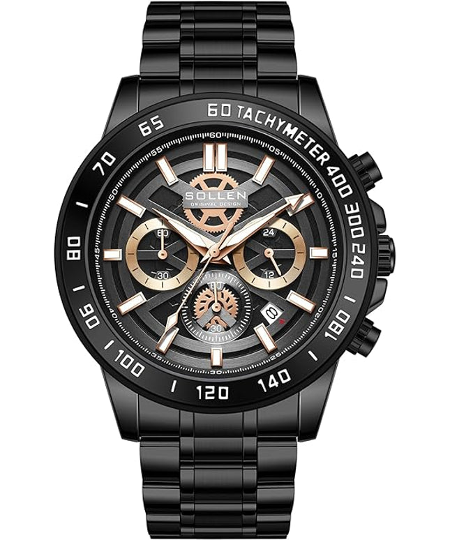 SOLLEN Black Chronograph Watches for Men, Analog Quartz Mens Watches, Fashion Sport Wrist Watches with Calendar, 30M Waterproof Luxury Casual Dress Work Watch, Luminous Skeleton Watches Gifts for Men