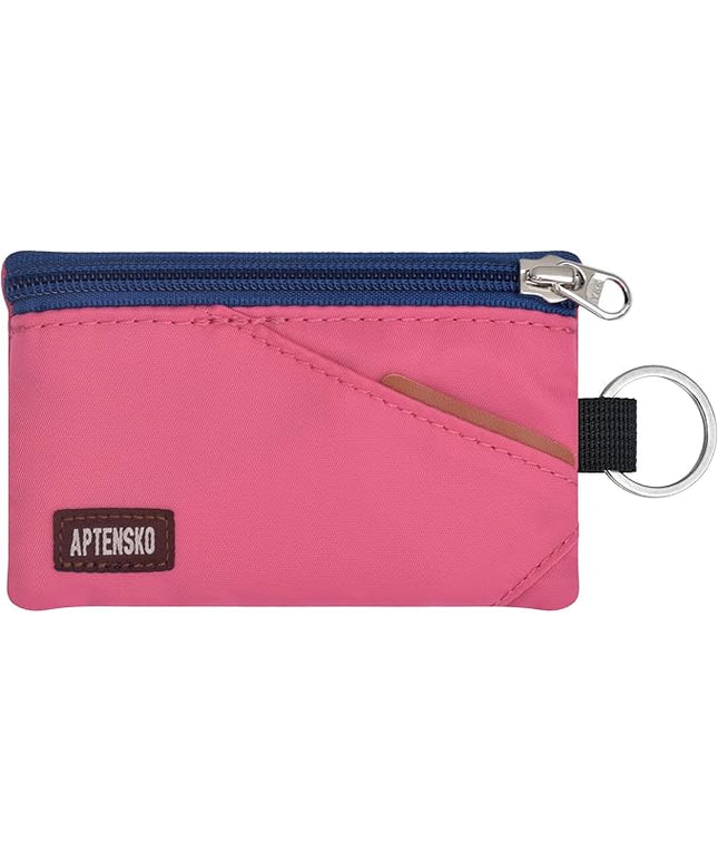 RFID Travel Wallet with Adjustable Lanyard-Zipper Small Wallet with ID Card Holder, Keychain for women&men-Minimalist Slim Waterproof Nylon case for ID, Cash, Key (Rose Pink)