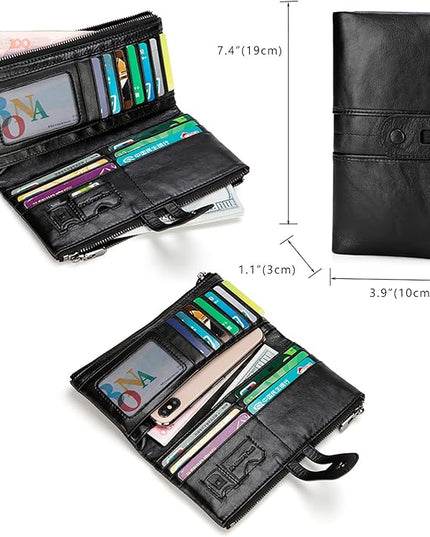 myfriday Women's RFID Blocking Genuine Leather Wallet, Bifold Long Clutch Wallet Money Clips Ladies Card Holder Purse