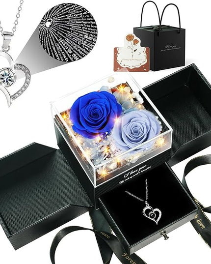 Birthday Gifts for Women, Preserved Real Roses with Heart Necklace I Love You in 100 Languages, Romantic Anniversary Wedding Christmas Gifts for Women Her Girlfriend Wife, 2 Blue Forever Roses Necklace Gift Box