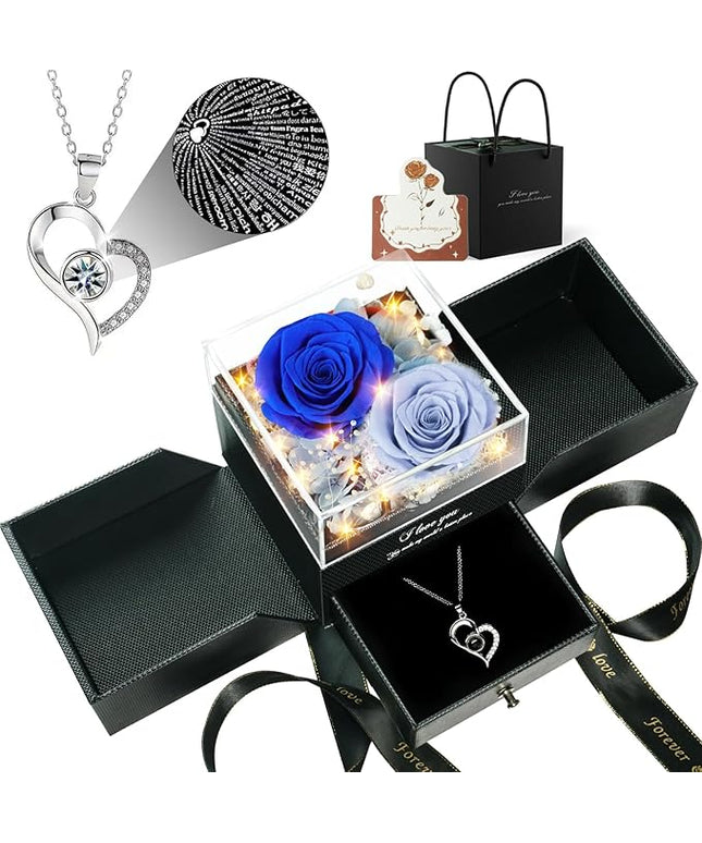 Birthday Gifts for Women, Preserved Real Roses with Heart Necklace I Love You in 100 Languages, Romantic Anniversary Wedding Christmas Gifts for Women Her Girlfriend Wife, 2 Blue Forever Roses Necklace Gift Box