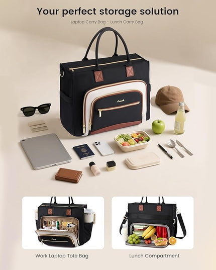 LOVEVOOK Insulated Lunch Bag,2-in-1 Work Tote Bag with Lunch Compartment,Large Capacity Professional Work Bag for Women,15.6 Inch Laptop Bag with Cup Holder for Teacher,Nurse,College,Office,Travel