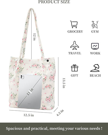 Corduroy Tote Bag Cute Tote Bags for Women Shoulder Bag with Inner Pocket for Work Beach Travel and Shopping Grocery