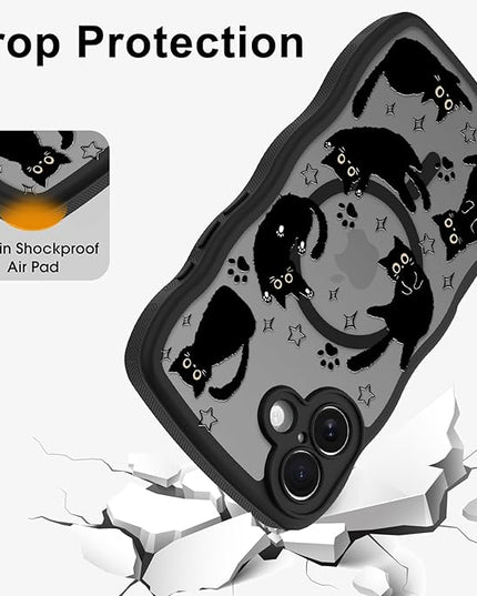 Cute Case for iPhone 16 Plus Case [Compatible with MagSafe] with Kawaii Black Cats Cat Print Pattern Design for Women Girls, Soft Wavy Edge Anti-Slip Animal Magnetic Protective Phone Cover