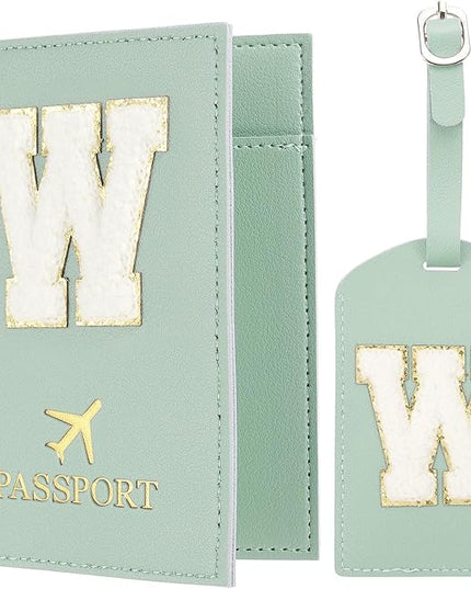 PATIKIL Passport Holder for Travel, Initial Passport Cover and Luggage Tag Set with Alphabet Chenille Letter Patch Travel Wallet Bag Suitcase Identifier for Women Family Travel W, Green