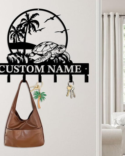Casebrick Custom Sea Turtle Metal Wall Hooks,Key Holder-Personalized Iron Wall Decor for Keys, Coats & Home Organization (Black, Handmade,Decorative for Entryway, Beach,Bedroom,Office) (Style E)
