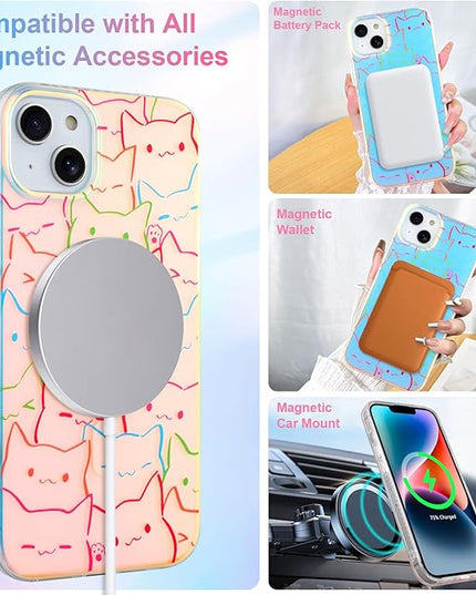 Cute Case for iPhone 14 Plus & iPhone 15 Plus Case for Women Girls Boys [ Compatible with Magsafe ] Iridescent and Black Cats Cat Pattern Design, Colorful Kawaii Animal Protective Phone Cover