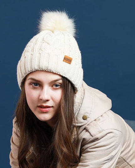 REDESS Women Winter Pompom Beanie Hat with Warm Fleece Lined, Thick Slouchy Snow Knit Skull Ski Cap