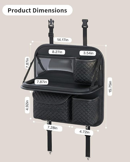 Leather Car Backseat Organizer with Foldable Table Tray - Cup, Tissue, Tablet Holder & Purse Hook, Road Trip Essentials for Car (Black)