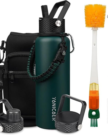 Insulated Water Bottle 40oz,Triple Wall Vacuum Stainless Steel(Dishwasher Safe),Leak Proof & Non-BPA,Flask Jug with Paracord Handle & Straw Spout Lids Sports Green