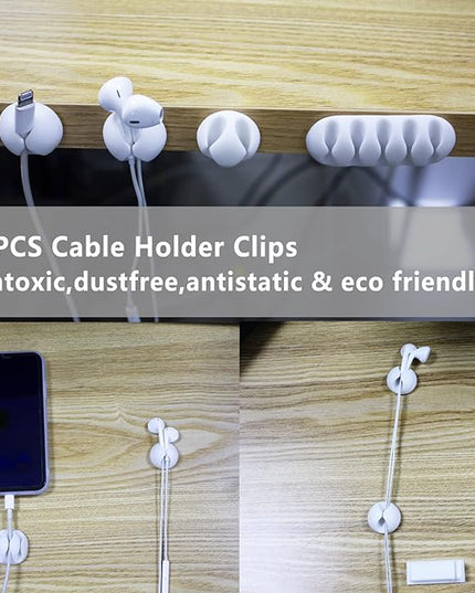 White Cable Management Organizer Kit 4 Cable Sleeve Split,47Cable Clips 12Cord Clips Holder,22 Cable Ties, 20 Adhesive Wall Cable Tie, 200Fasten Cable Ties for TV Electronics