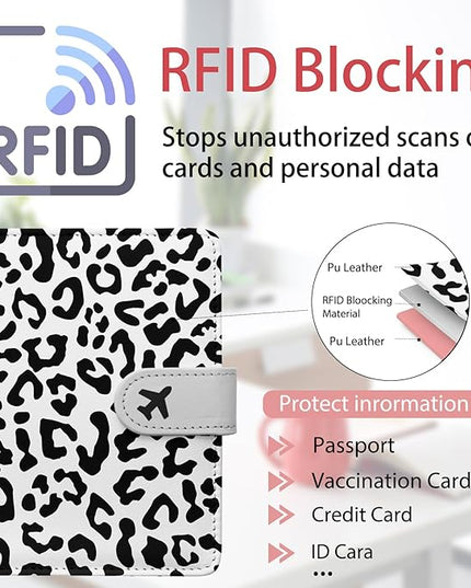 Passport Holder, Travel Wallet Cover with Pen Loop | Cute RFID Blocking Leather Case with Magnetic Closure for Travel Essentials-Leopard