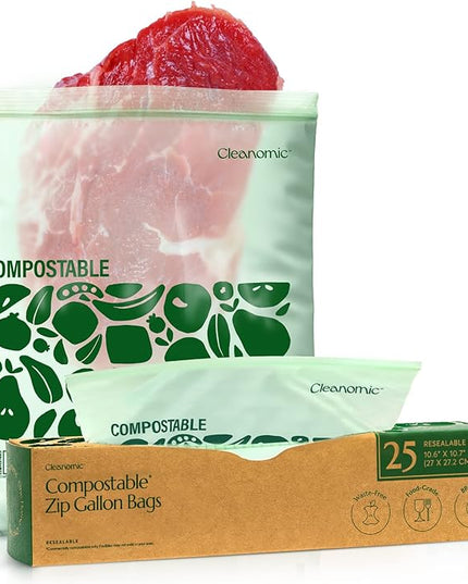 Cleanomic Compostable* Gallon Size Food Storage Bags (25 Eco Zip) Freezer and Leak Proof, Also Available Quart, Snack and Sandwich Bags