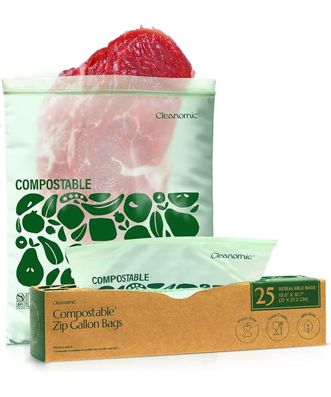 Cleanomic Compostable* Gallon Size Food Storage Bags (25 Eco Zip) Freezer and Leak Proof, Also Available Quart, Snack and Sandwich Bags