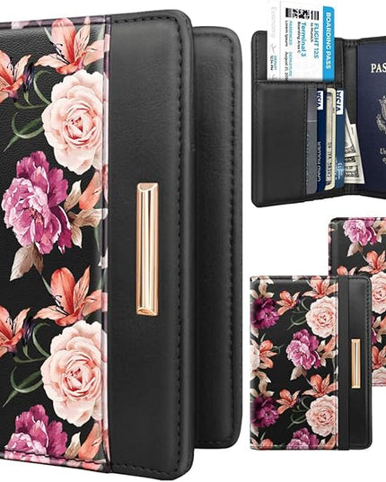 Passport Holder Cover Travel RFID Blocking Passport Cover Rose Gold Cute Flowers Passport Wallet with Elastic Band for Women