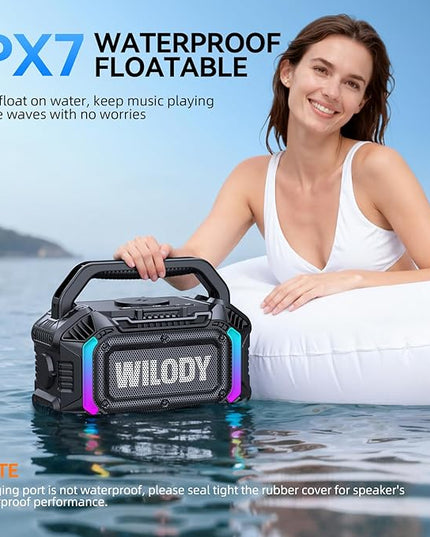 Wilody Speakers Bluetooth Wireless, 100W Loud Outdoor Speaker with Bass, IPX7 Waterproof Floatable, 20H Playtime, Wireless Charge, TWS, RGB Light, Portable Speaker for Work, Garage, Outdoor (Black)
