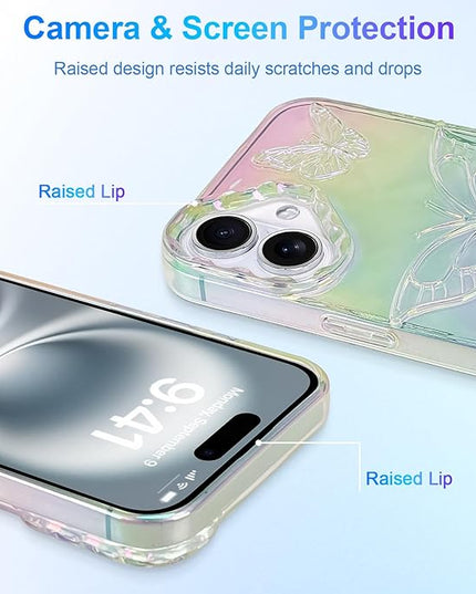 Cute Case for iPhone 16 Case for Women Girls, with 3D Butterflies Pattern Design, Aesthetic Clear Iridescent Glitter Kawaii Girly Rainbow Protective Phone Cover