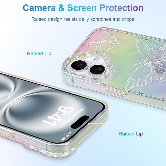 Cute Case for iPhone 16 Plus Case for Women Girls, with 3D Butterflies Pattern Design, Aesthetic Clear Iridescent Glitter Kawaii Girly Rainbow Protective Phone Cover
