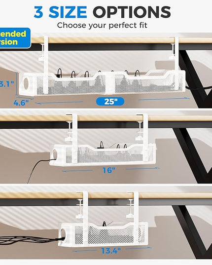 [Upgraded] Extra Large Under Desk Cable Management, Cinati 25" Wire Organizers No Drill, Cable Tray with Clamp for Wire Management, Cord Organization Box for Office, Home - No Damage to Desk(White)