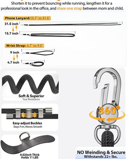 4-IN-1 Phone Lanyard + Wrist Strap, 2PCS Adjustable Length Cell Phone Lanyard with 2 Tether Tabs for iPhone,Smartphones