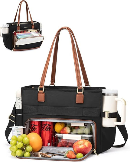 LOVEVOOK Teacher Tote Bag, Laptop Bag for Women with Large Cup Holder & Accordion File Area, Work Tote Bag for Business