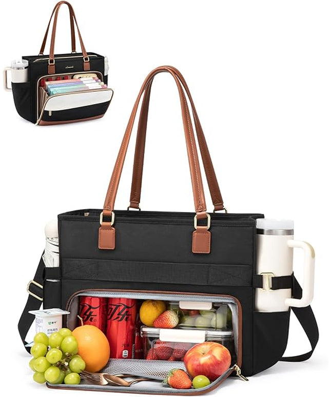 LOVEVOOK Teacher Tote Bag, Laptop Bag for Women with Large Cup Holder & Accordion File Area, Work Tote Bag for Business