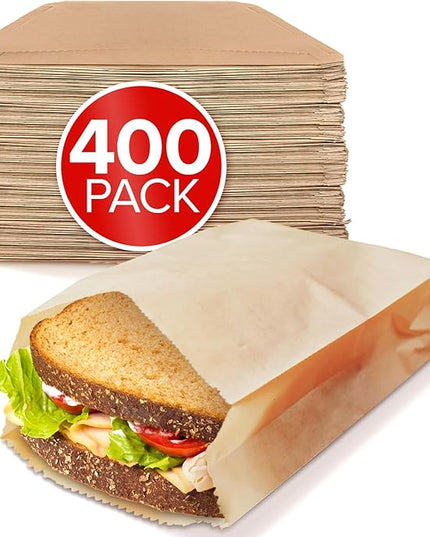 Kraft Brown Sandwich Bags (400 Pack) - Microwavable Unbleached Natural Kraft Paper Bags - Food Grade Grease Resistant Bags for Pastries, Cookies, Snacks - Biodegradable & Compostable - Stock Your Home