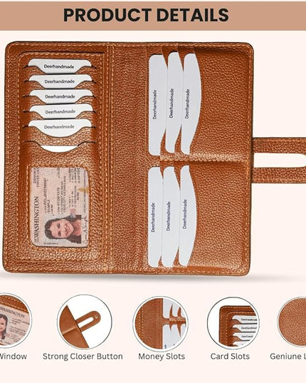 DEERHANDMADE womens wallet (Holds 15-18 Cards, 4 Flat Pockets, 1 ID Windows) Genuine Leather clutch purses for women | Slim long wallets for women | rfid blocking wallet (brown wallets)