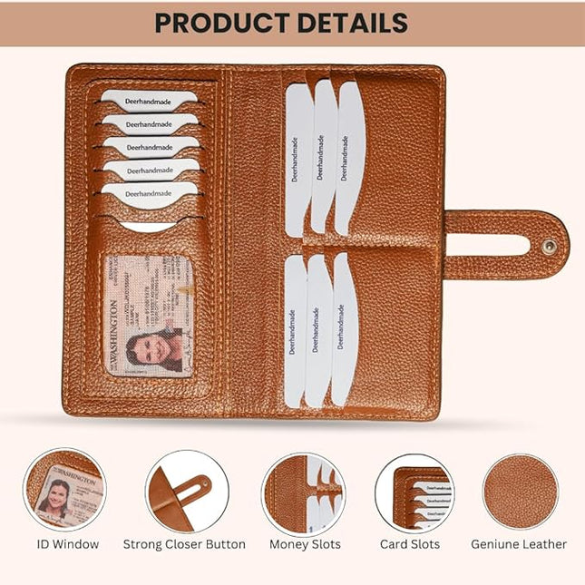 DEERHANDMADE womens wallet (Holds 15-18 Cards, 4 Flat Pockets, 1 ID Windows) Genuine Leather clutch purses for women | Slim long wallets for women | rfid blocking wallet (brown wallets)